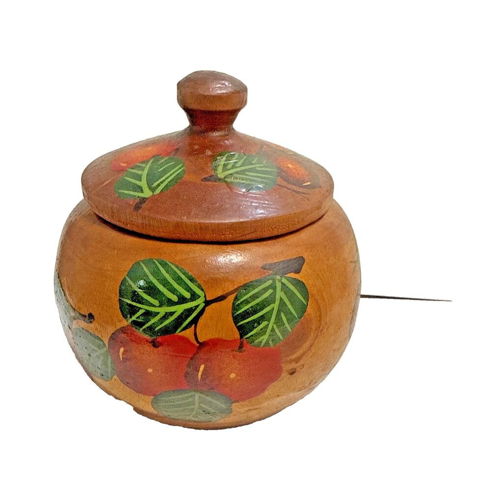 Trinket Box Haiti Hand Carved Wooden Lidded Jar Handpainted Fruit Folk Art Bowl